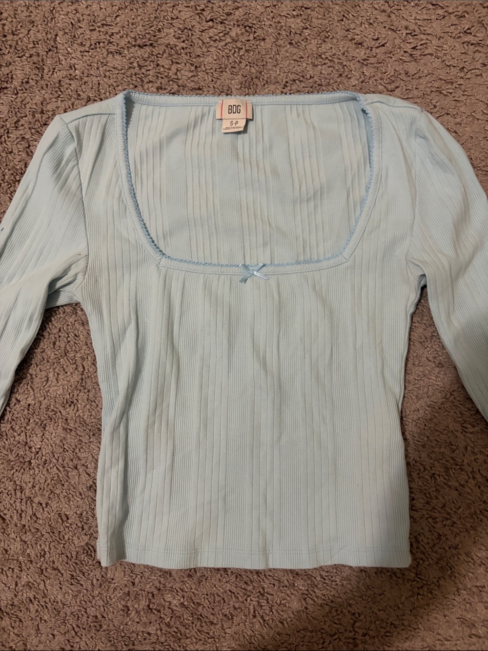 BDG Pale Blue Ribbed Square-Neck Long Sleeve Top